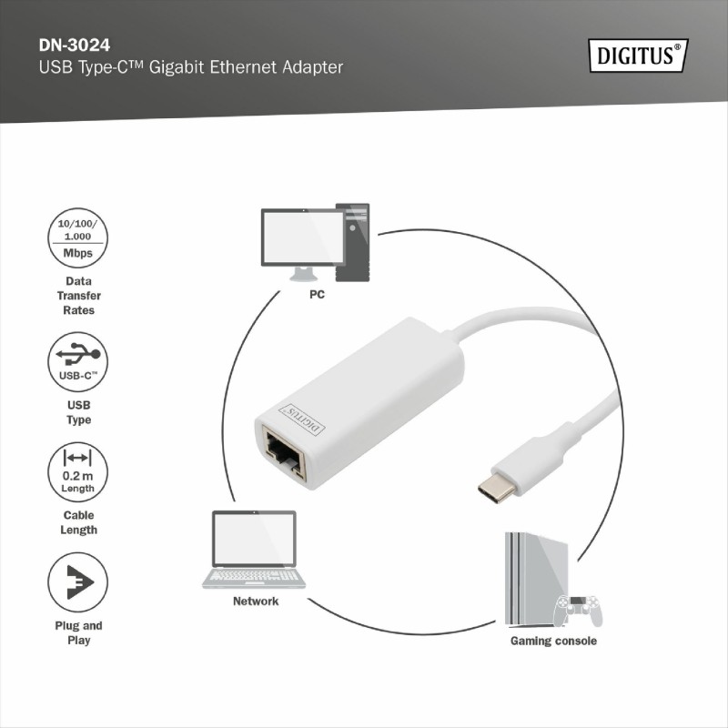 Pretvornik USB 3.1 Tip-C - Mrežni UTP GIGA 10/100/1000 Mbps Digitus