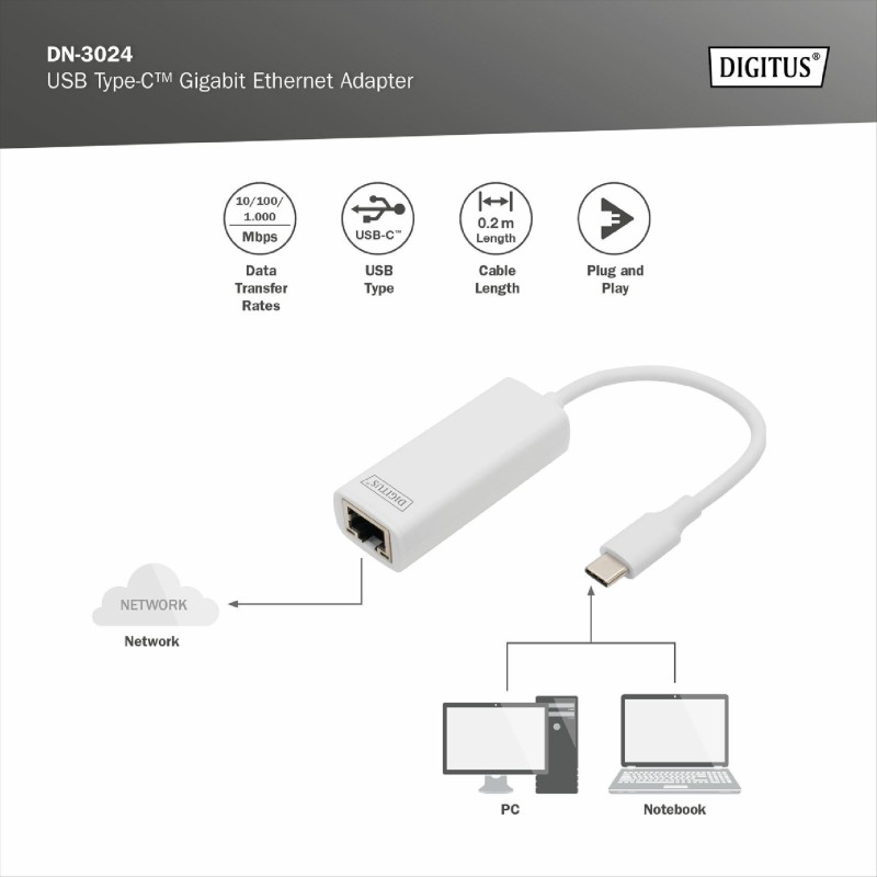Pretvornik USB 3.1 Tip-C - Mrežni UTP GIGA 10/100/1000 Mbps Digitus