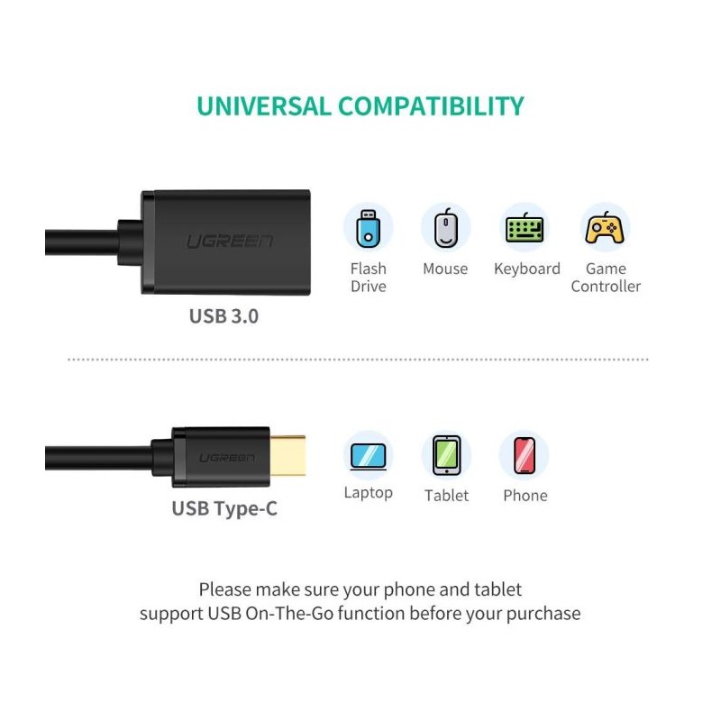 Ugreen USB-C (M) na USB 3.0 (Ž) OTG kabel črn