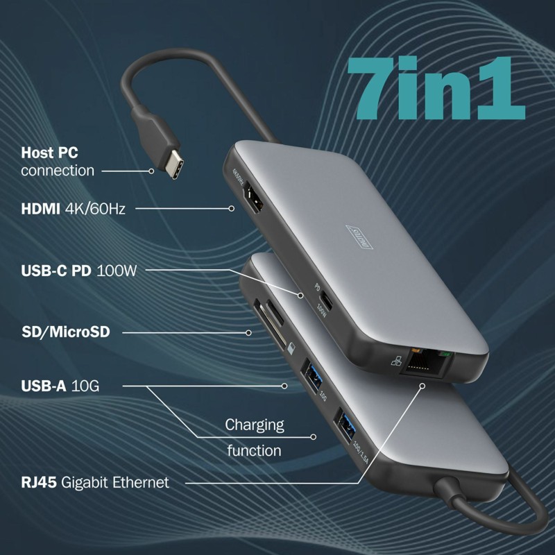 Priklopna postaja Digitus DA-70914, USB-C 3.2, 7v1, črna