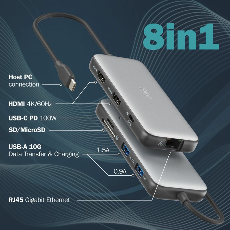 Priklopna postaja Digitus DA-70915, USB-C 3.2, 8v1, siva