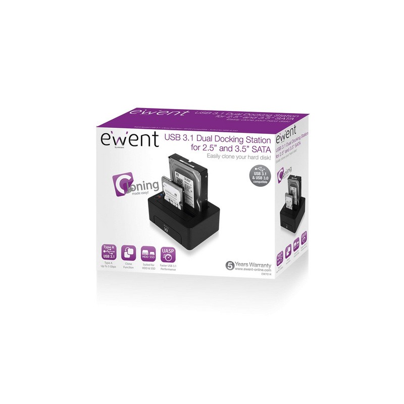 Postaja za HDD/SSD Ewent EW7014, 2x 2.5/3.5, SATA na USB 3.1, črna