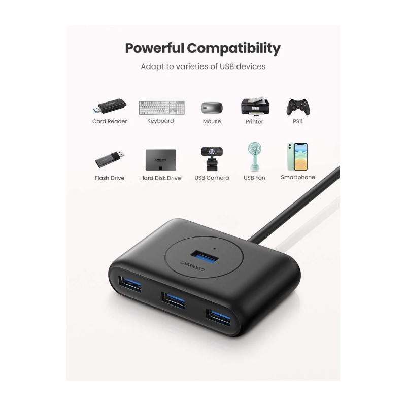 Hub Ugreen USB 3.0, 4 Ports, črn, 1m