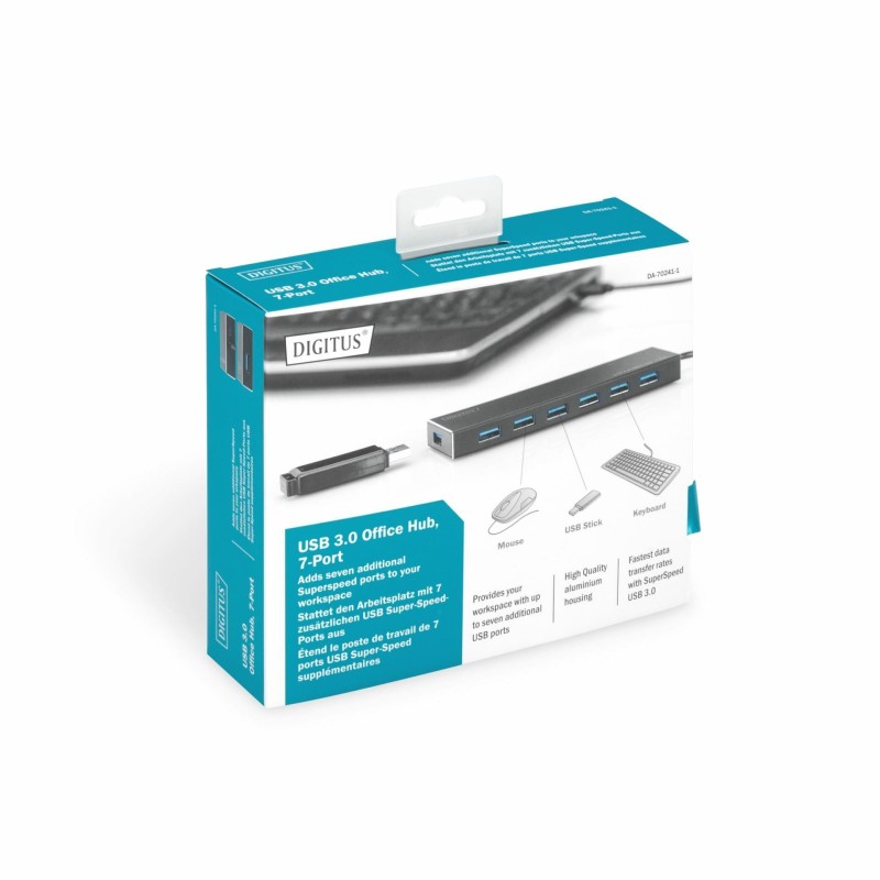 USB Hub Digitus DA-70241-1, USB-A 3.0 +AC adapter, alu