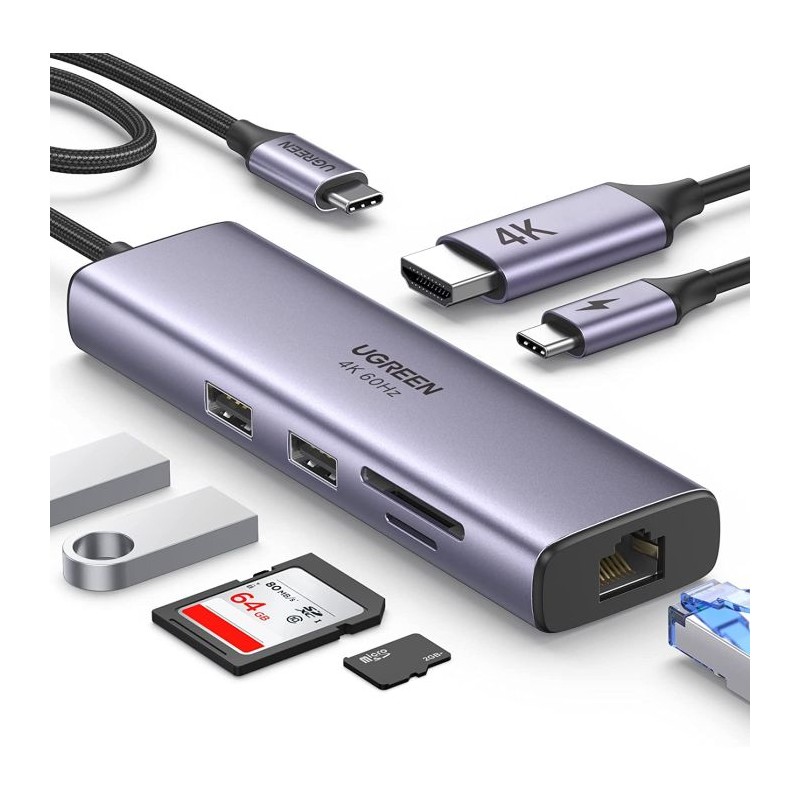 Ugreen 7v1 USB-C HUB HDMI+RJ45+čitalec kartic+USB+PD 100W