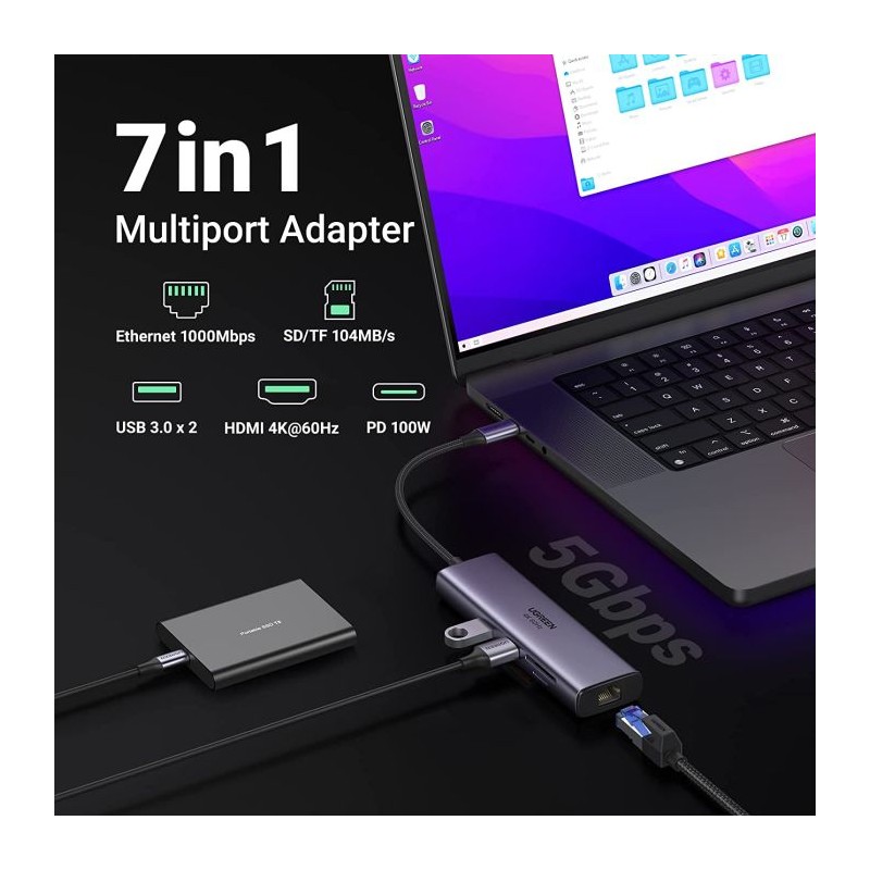 Ugreen 7v1 USB-C HUB HDMI+RJ45+čitalec kartic+USB+PD 100W