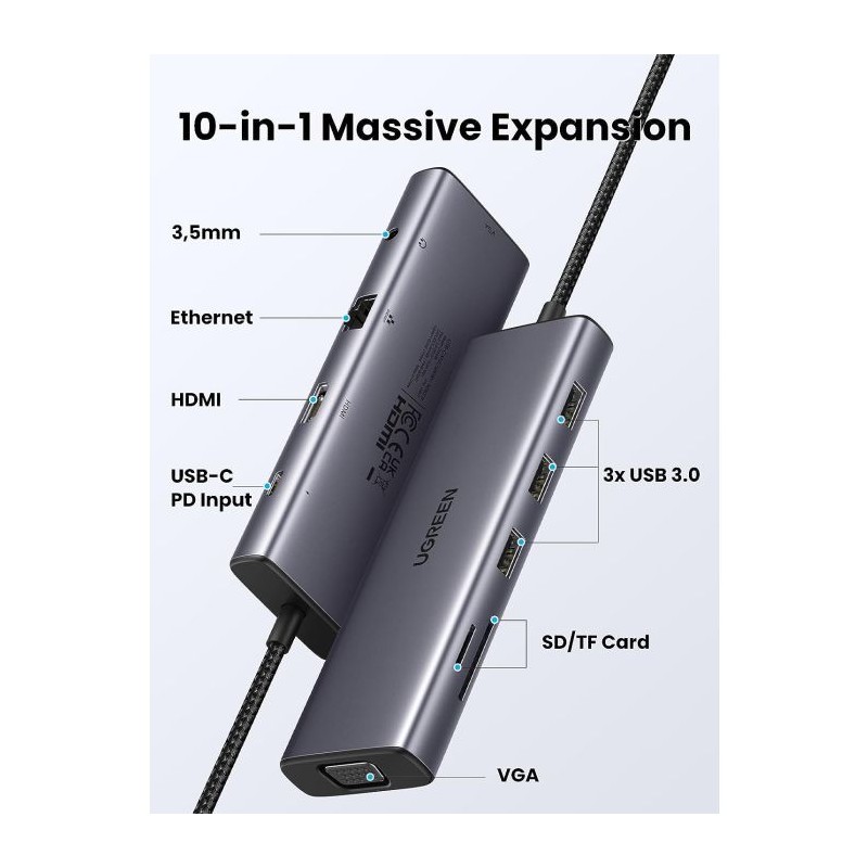 UGREEN USB-C Hub, 10-v-1 USB-C 4K HDMI & VGA, 100W PD