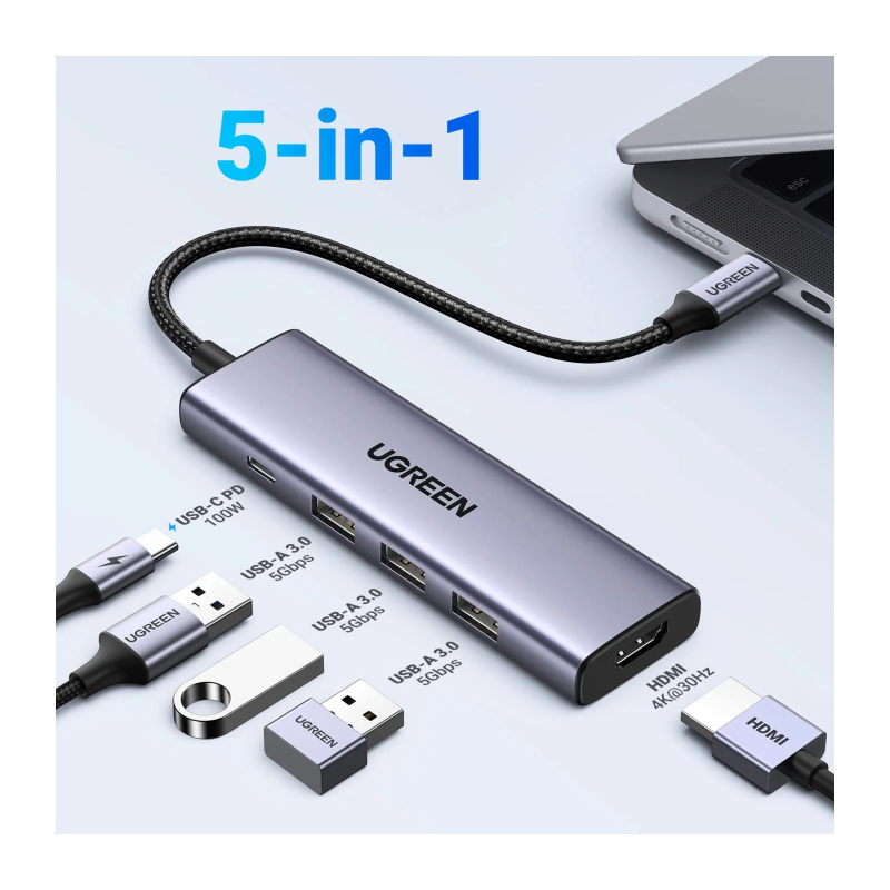Ugreen 5-v-1 USB-C Hub (100 W PD, 4K@30Hz HDMI)