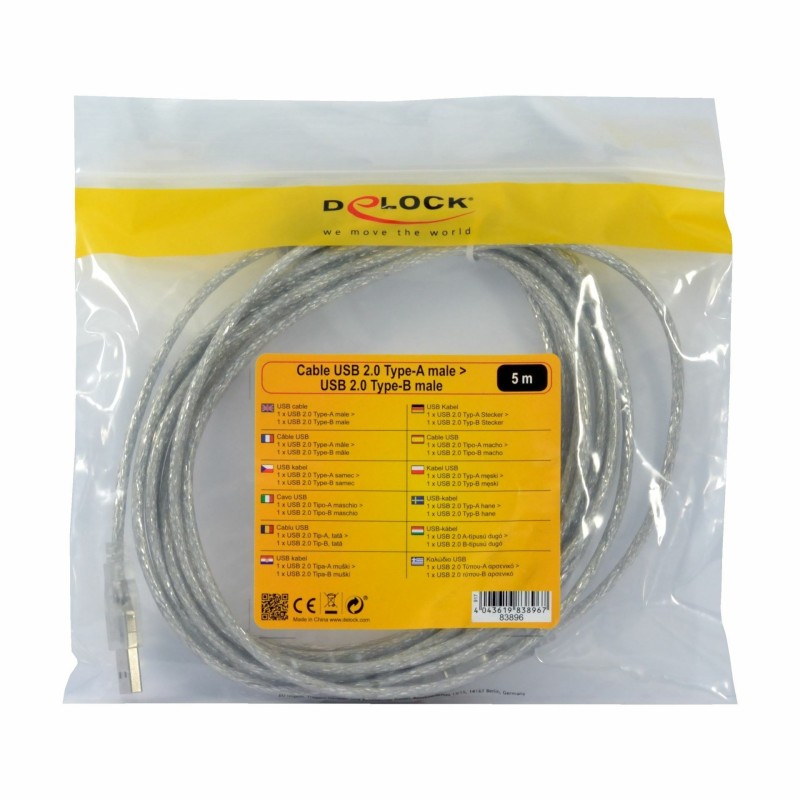 Kabel USB A-B 5m Delock dvojno oklopljen transparent s ferito
