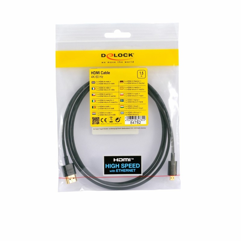 HDMI-HDMI-D Mikro kabel z mrežno pove. 1,5m Delock črn 3D 4K slim