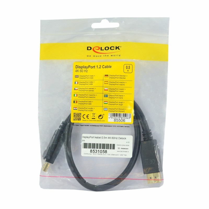 DisplayPort kabel 0,5m 4K 60Hz Delock črn