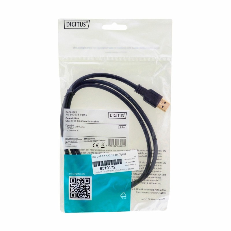 Kabel USB 3.1 A-C  1m črn Digitus 8519172