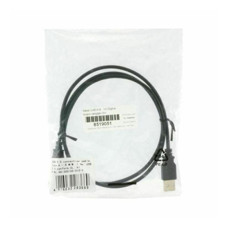 Kabel USB A-B 1m Digitus dvojno oklopljen črn 8519051