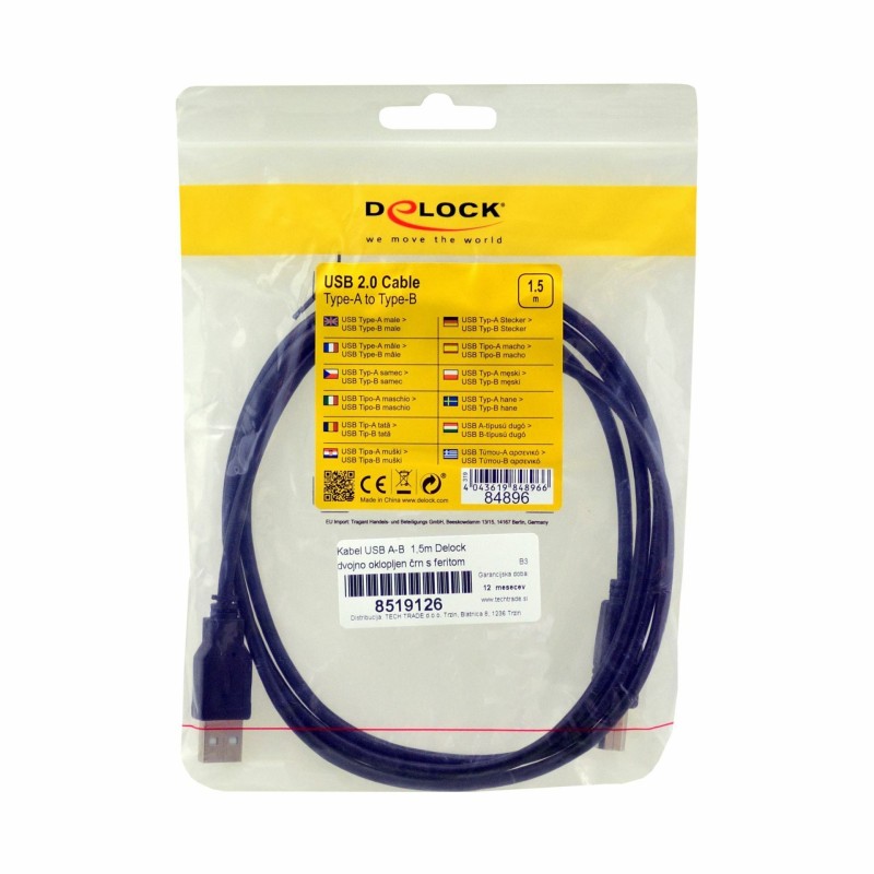 Kabel USB A-B  1,5m Delock dvojno oklopljen črn s feritom 8519126