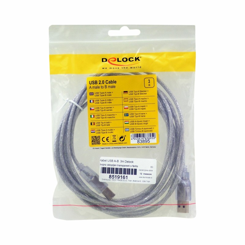 Kabel USB A-B  3m Delock dvojno oklopljen transparent s ferito 8519161