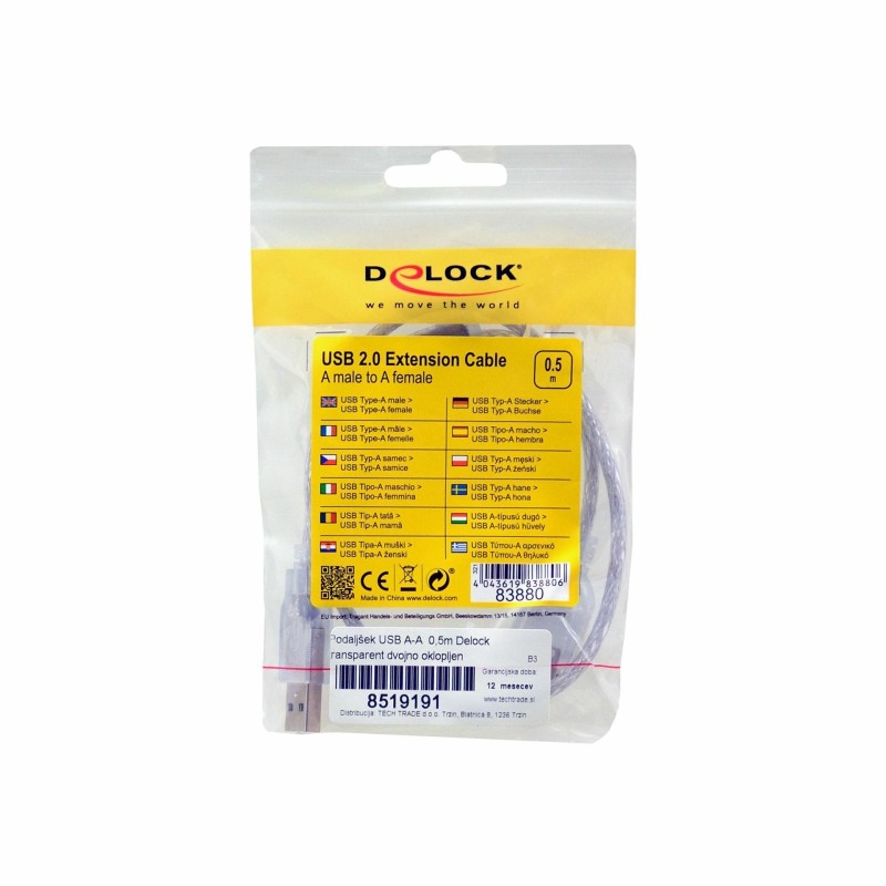 Podaljšek USB A-A  0,5m Delock transparent dvojno oklopljen 8519191