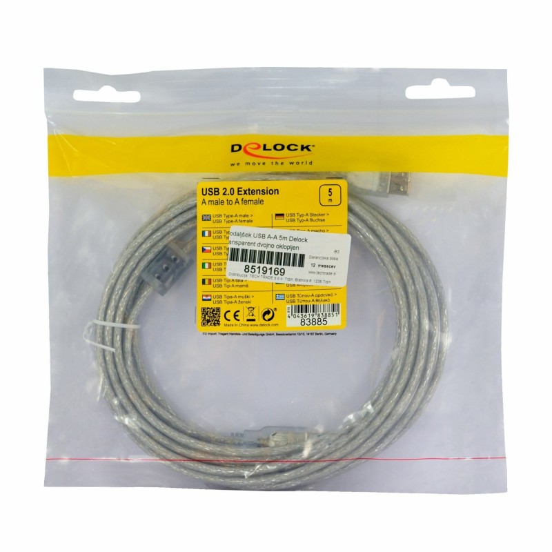 Podaljšek USB A-A 5m Delock transparent dvojno oklopljen 8519169