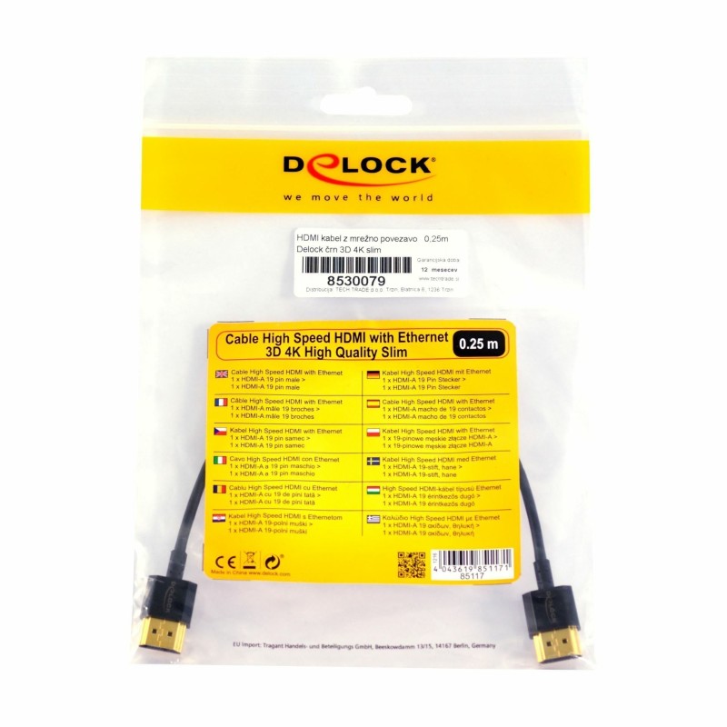 HDMI kabel z mrežno povezavo 0,25m Delock črn High Speed 3D 4K slim