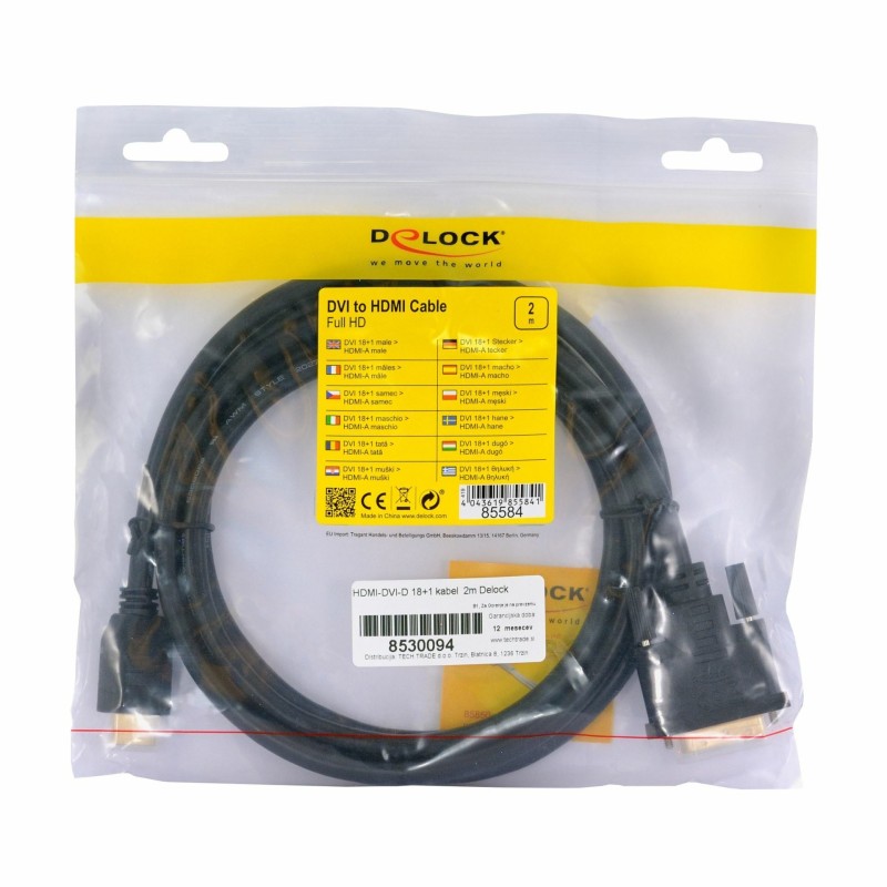 HDMI-DVI-D 18+1 kabel  2m Delock