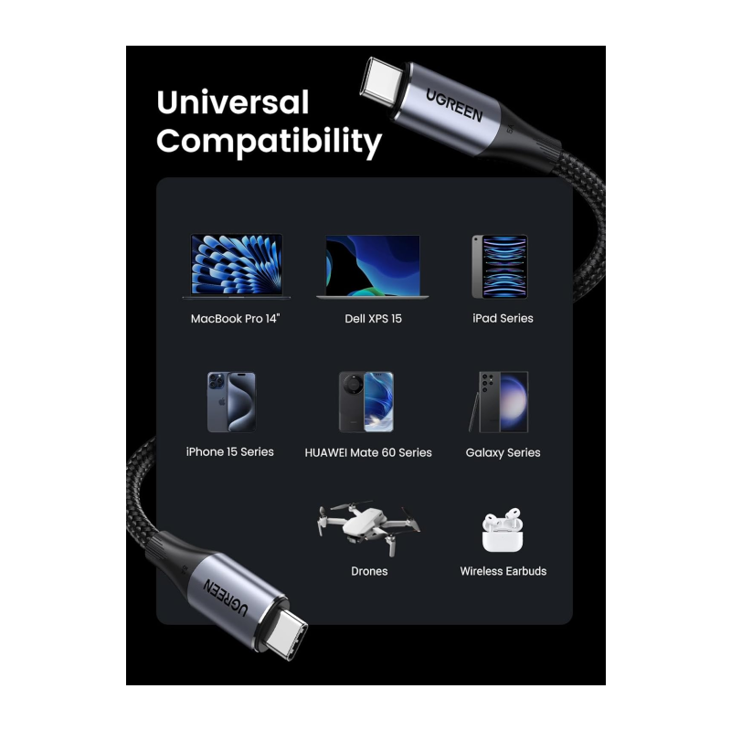 Kabel UGREEN UGRTI-80150 USB-C 3.1 M/M Gen2, 100W, 1m, črn