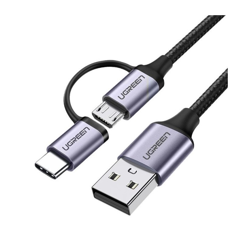 Ugreen USB-A na Micro USB + USB-C kabel pleten 1m
