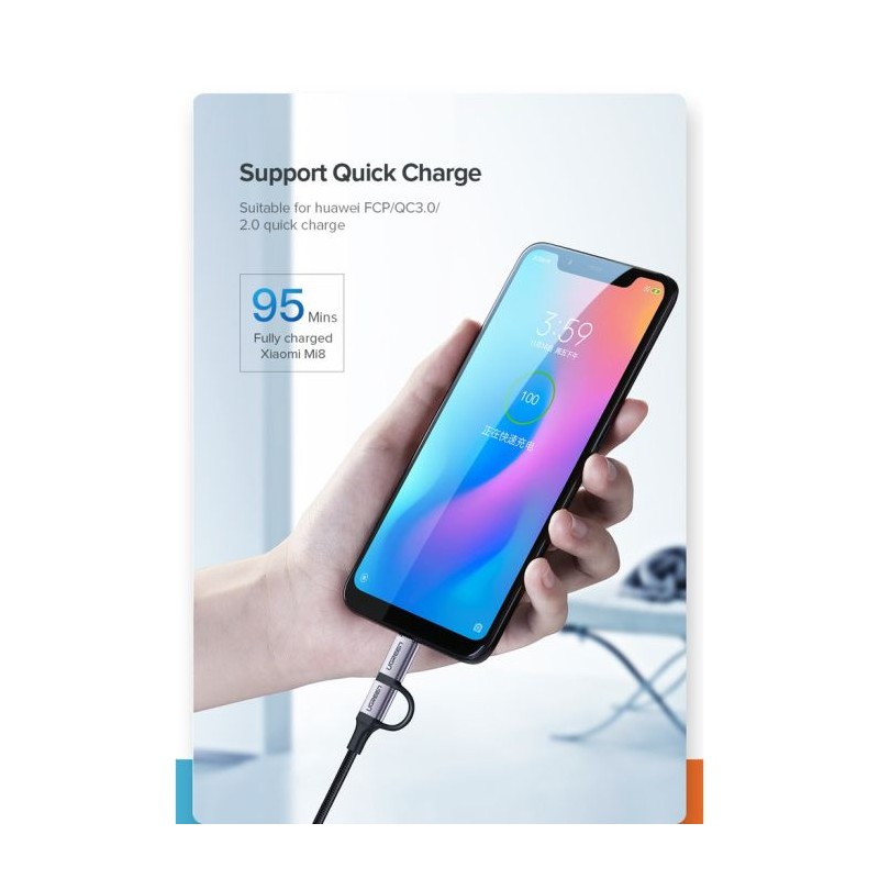 Ugreen USB-A na Micro USB + USB-C kabel pleten 1m
