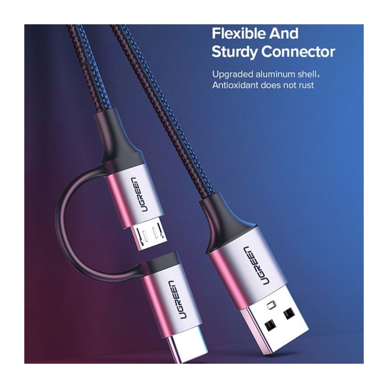 Ugreen USB-A na Micro USB + USB-C kabel pleten 1m