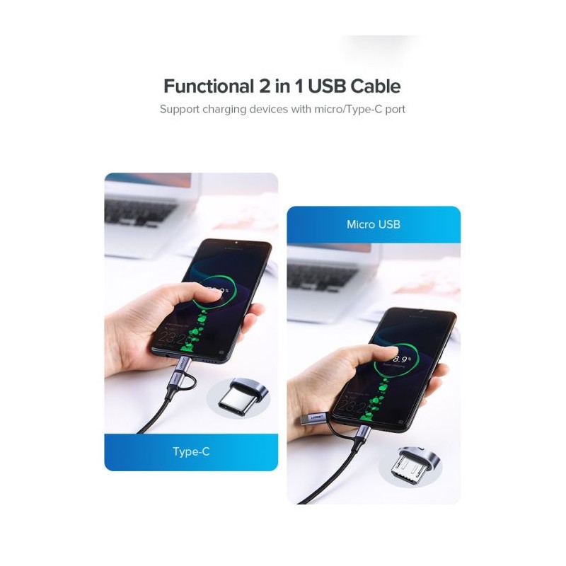 Ugreen USB-A na Micro USB + USB-C kabel pleten 1m