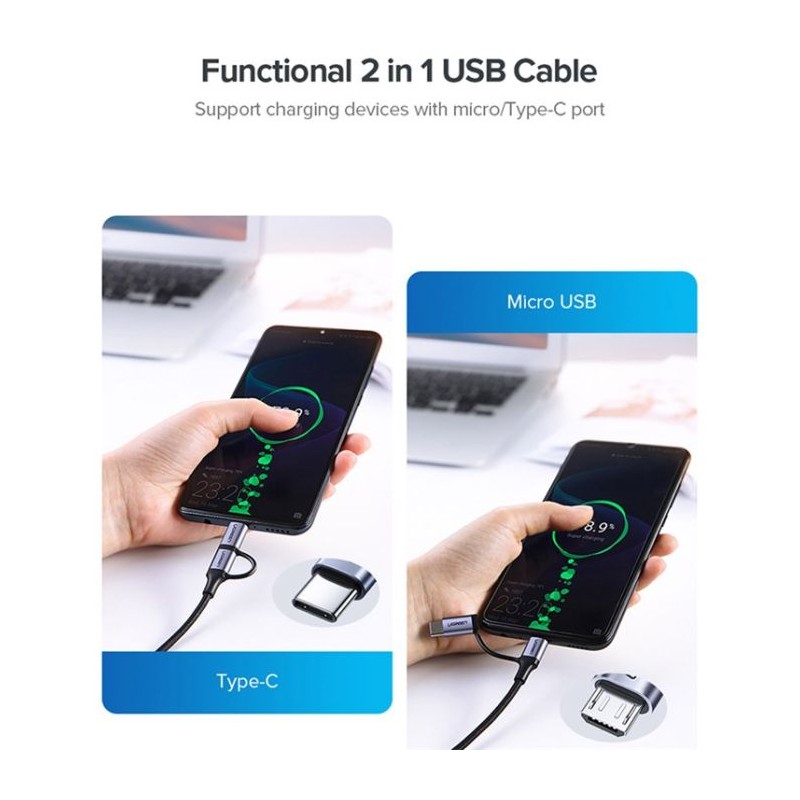 Ugreen USB-A na Micro USB + USB-C kabel pleten 1m