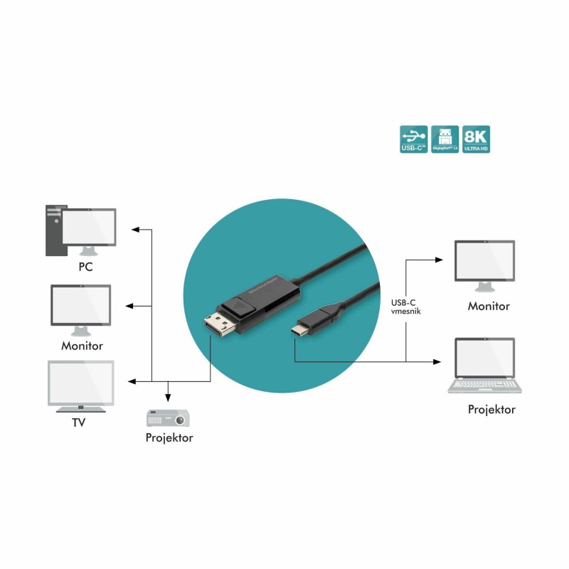 Kabel USB Tip C - DisplayPort 2m 8K 30Hz obojesmerni Digitus 8531101