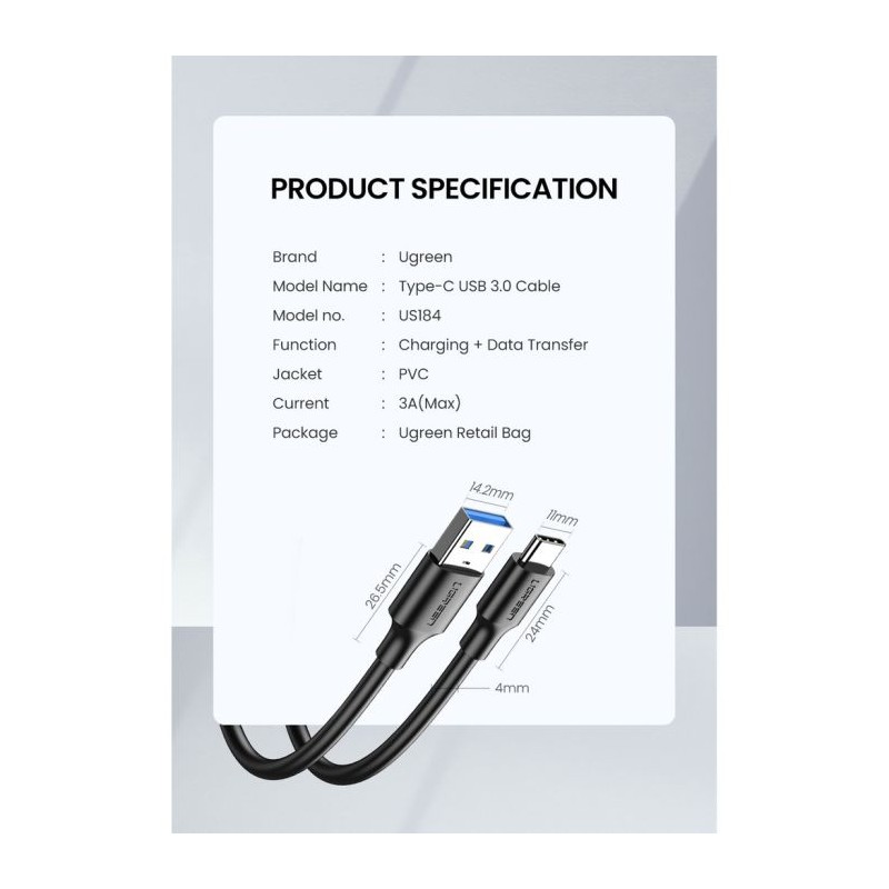 Kabel Ugreen USB A 3.0 na USB-C - 0,5m - polybag