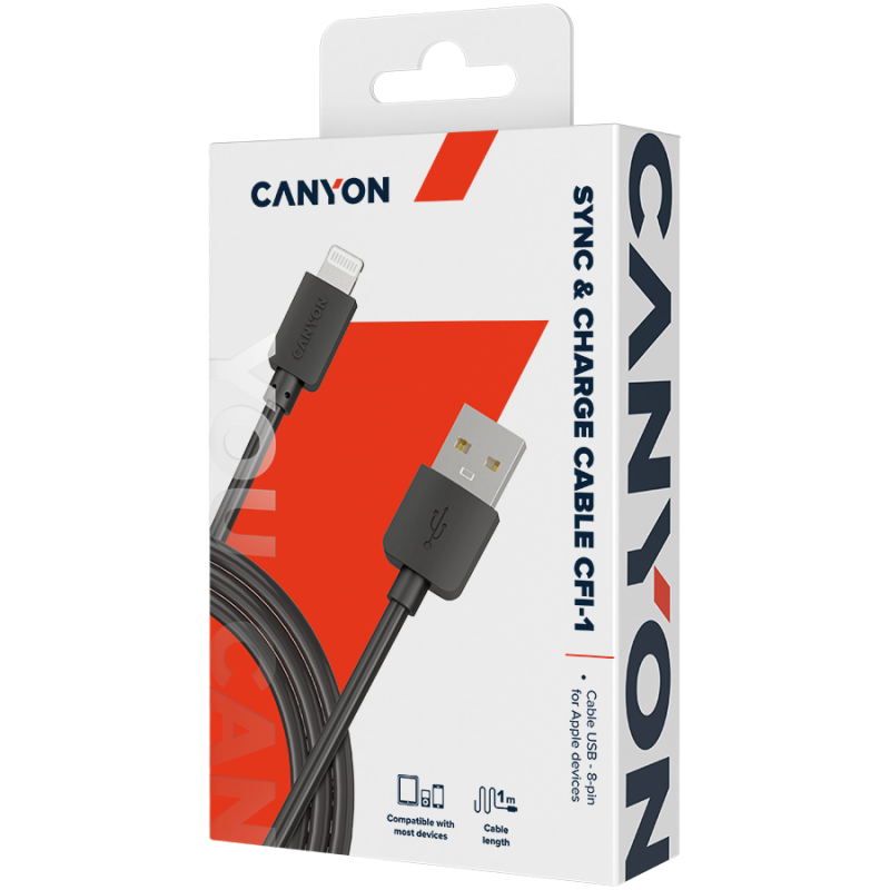 Kabel CANYON CFI-1, Lightning v USB kabel za Apple, 1m, črn