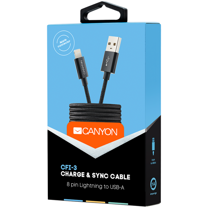 Kabel CANYON CFI-3, Lightning v USB kabel za Apple, pleten, 1m, črn