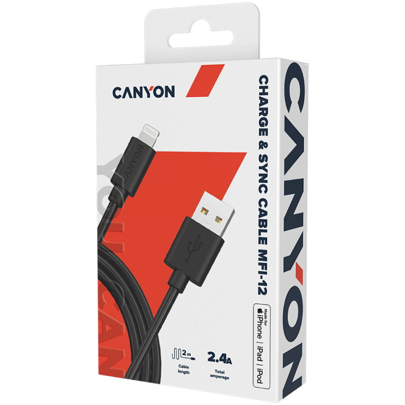 Kabel CANYON MFI-12, Lightning v USB kabel za Apple, 2m, črn