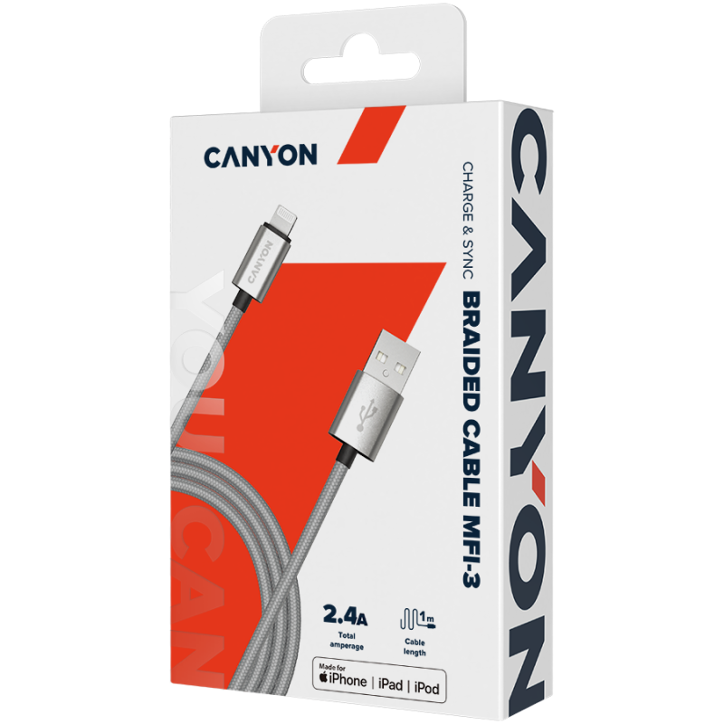 Kabel CANYON MFI-3, Lightning v USB kabel za Apple, 1m, temno siv