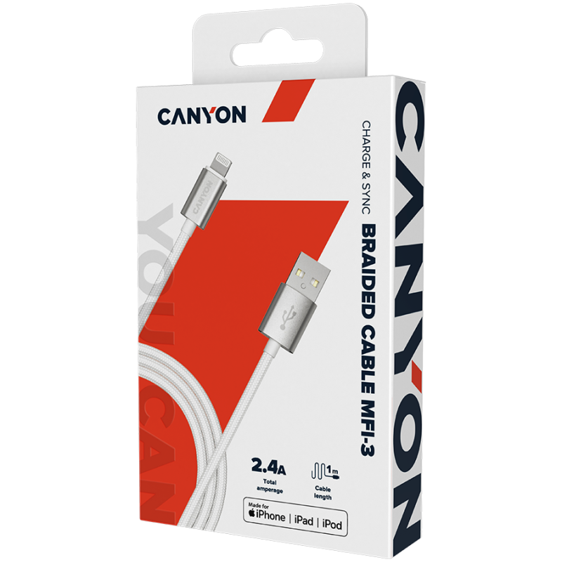 Kabel CANYON MFI-3, Lightning v USB kabel za Apple, 1m, biserno bel