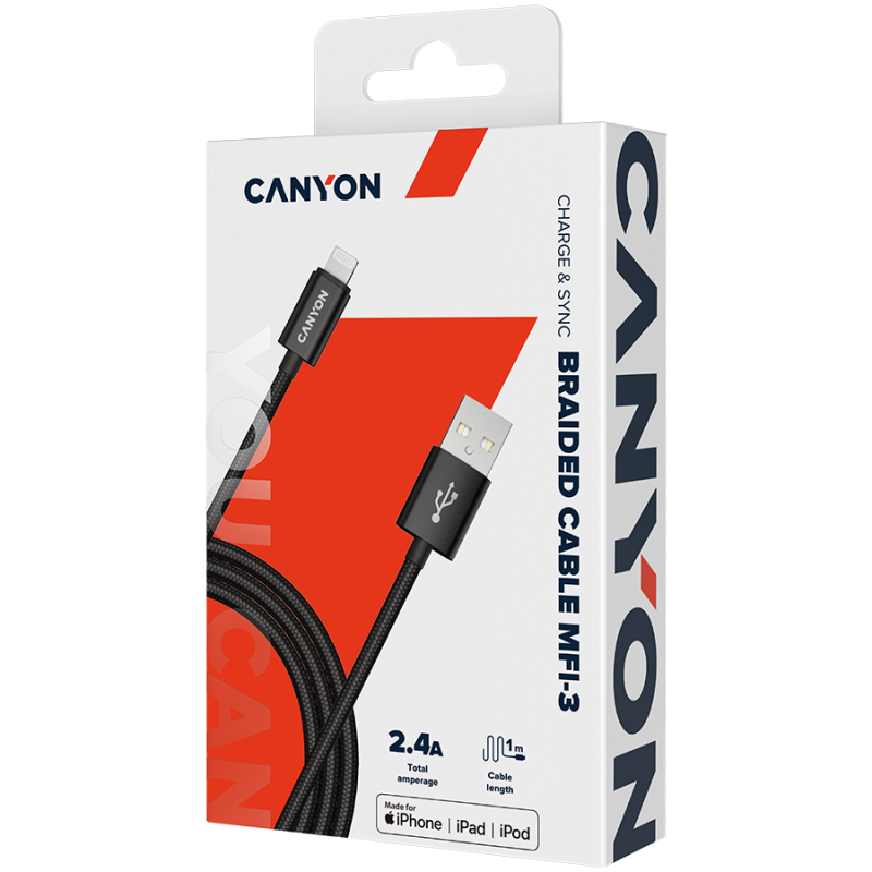 Kabel CANYON MFI-3, Lightning v USB kabel za Apple, 1m, črn