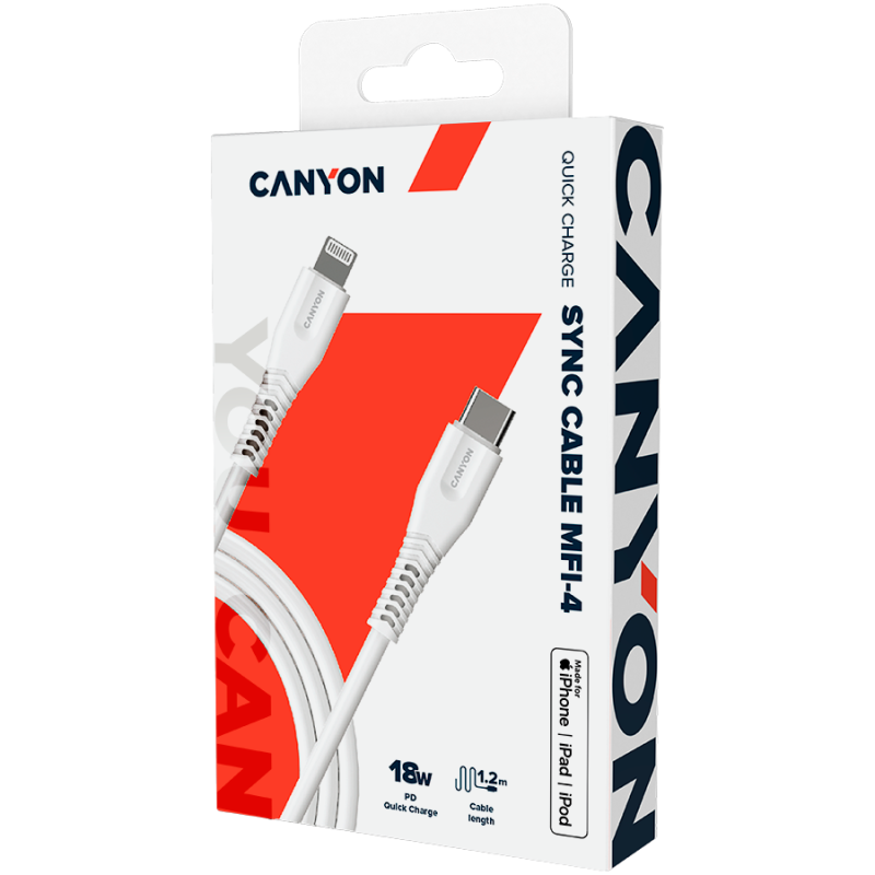 Kabel CANYON MFI-4, Lightning v USB-C kabel za Apple, 1.2m, bel