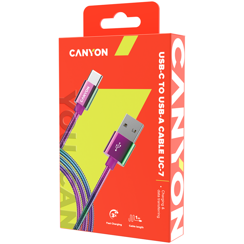 Kabel CANYON UC-7, USB 2.0 v USB-C, 1m, mavričen