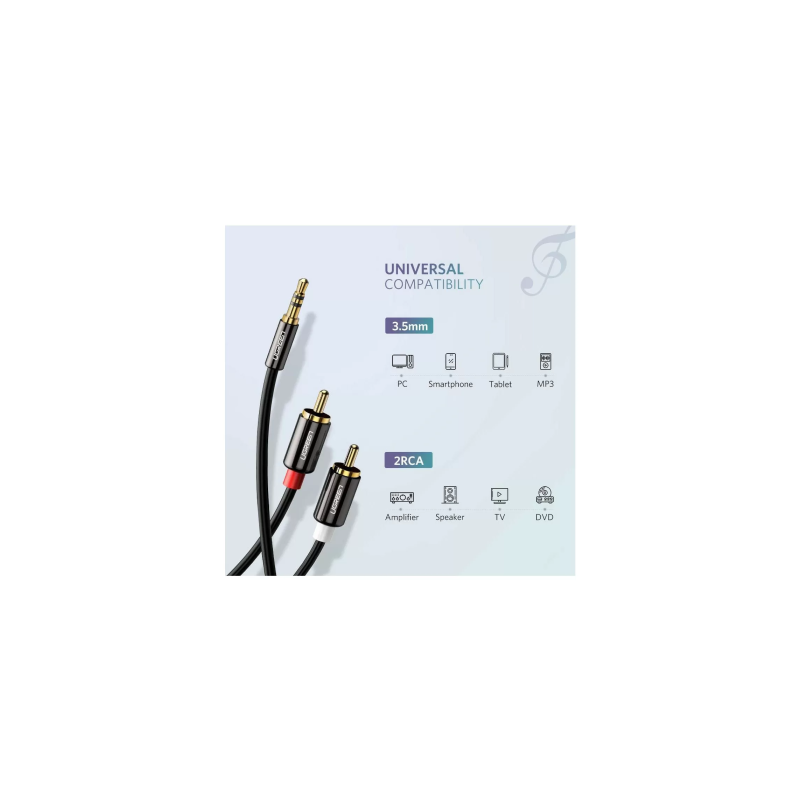 Kabel Ugreen 10584, 3.5 mm moški na 2RCA moški avdio, 2m