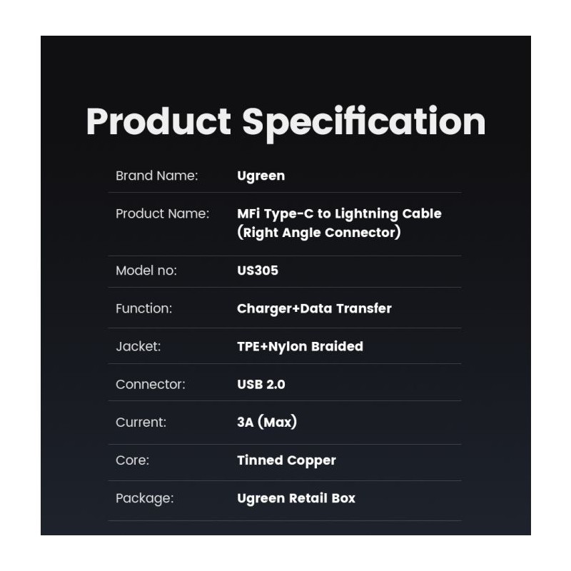 Kabel Ugreen kotni USB-C na Lightning, 1.5m, 60764