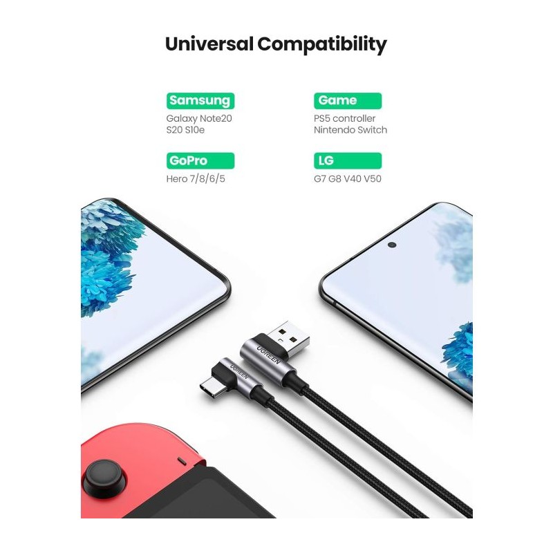 Kabel Ugreen USB v USB-C 90-stopinjski za hitro polnjenje, 2m, 20857