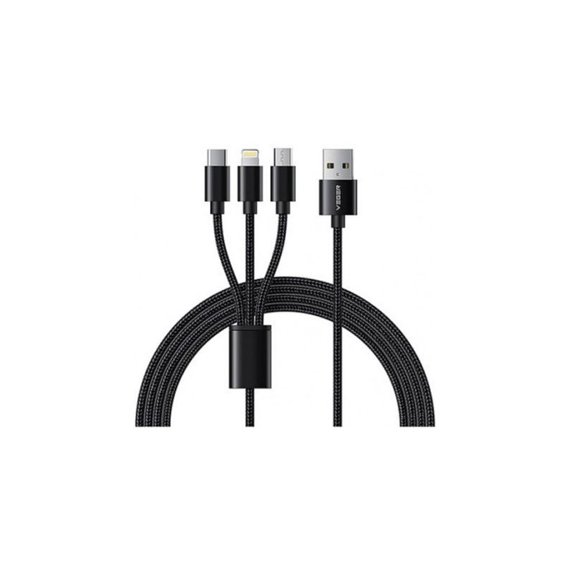 Kabel Veger V303 3v1 USB-A na USB-C/Lightning/MicroUSB, 1.5m, črn