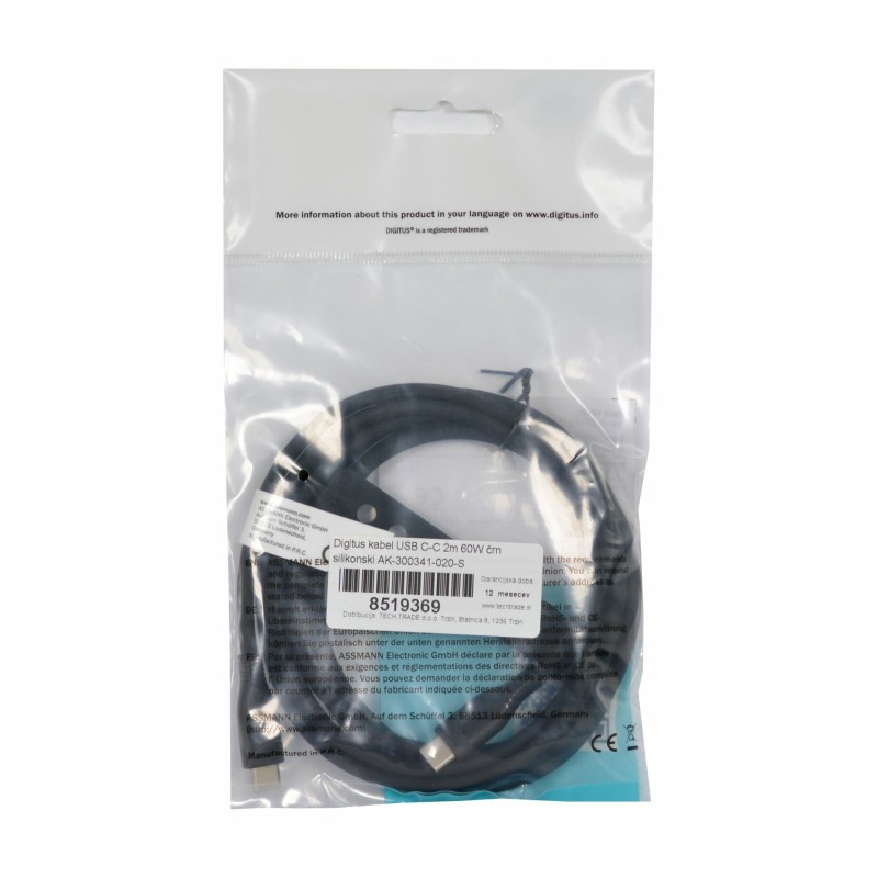 Kabel Digitus kabel USB C-C, 2m, 60W, črn