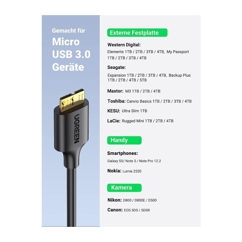 Kabel Ugreen USB 3.0, USB A na Micro B, 0,5 m