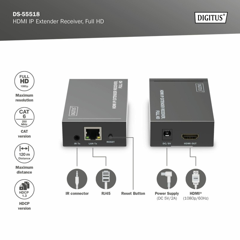 Line extender Digitus HDMI+IR RJ45-RJ45 sprejemnik, DS-55518