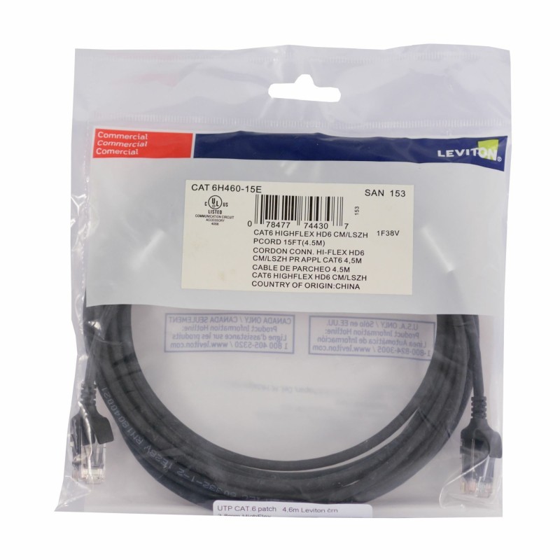 Mrežni kabel Leviton patch UTP CAT.6 4,6m črn, 9030342