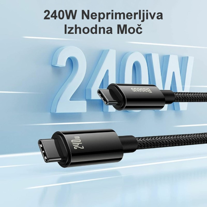 Kabel Baseus 240W USB C-C, 3m, Tungsten Gold pleten, črn, CAWJ040101