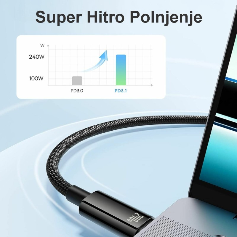 Kabel Baseus 240W USB C-C, 3m, Tungsten Gold pleten, črn, CAWJ040101