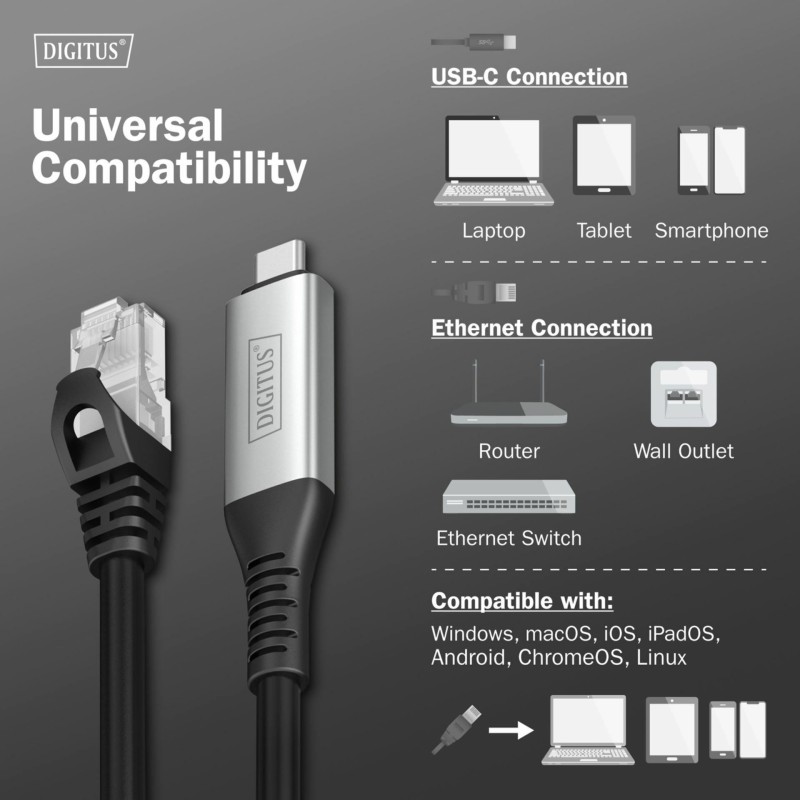 Kabel Digitus USB-C v Mrežni UTP RJ45 Gigabit, 2m